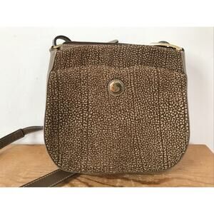 Vintage Bettina Brown Leather Patterned Fuzzy Fur Shoulder Bag Bucket Purse